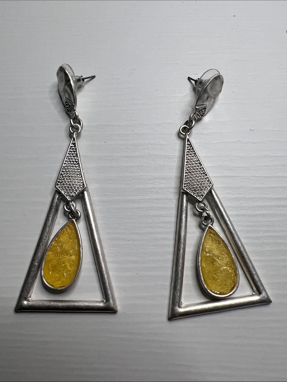 Silver Triangle Drop Earrings with Yellow Teardrop Inlay